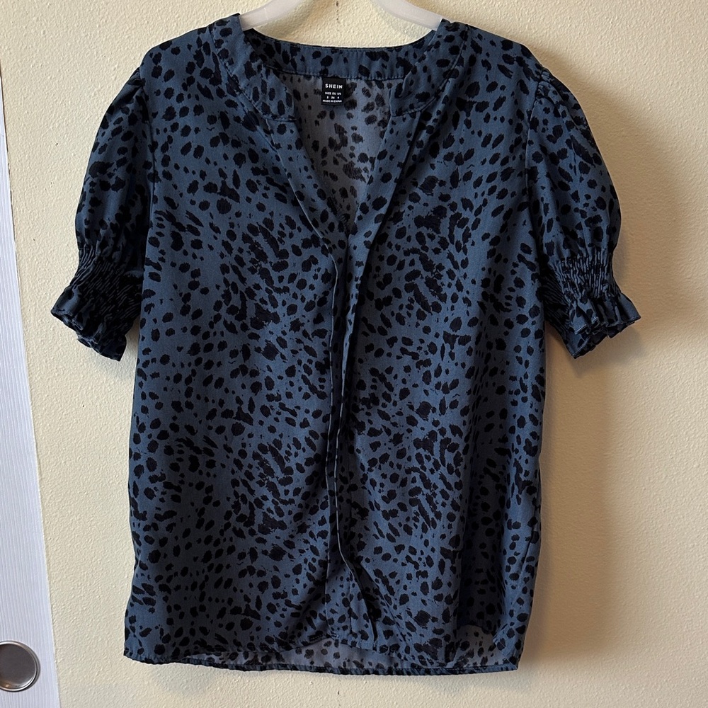 SHEIN Black Leopard Print Blouse on Slate Blue